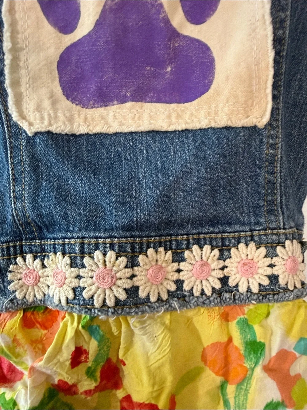Girls' Denim Floral Embroidered Vest with Yellow Floral Hem